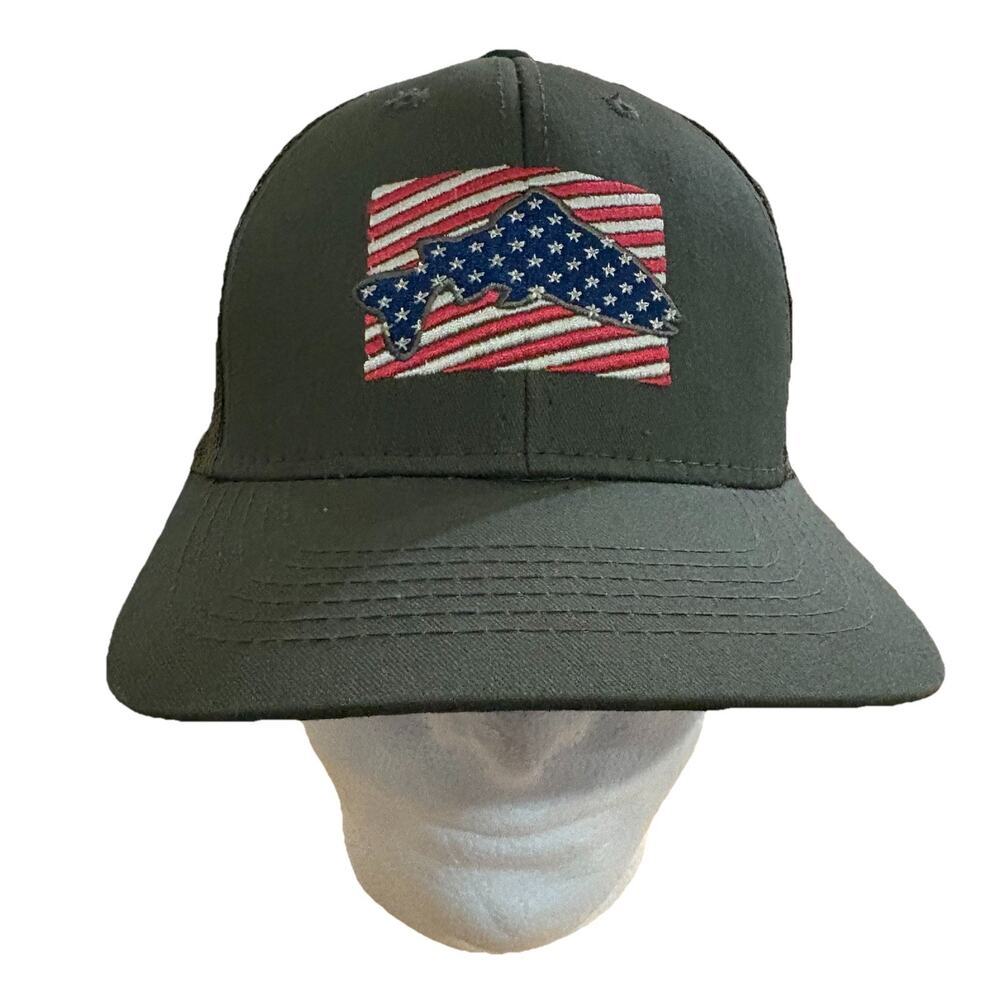 NWT Burlebo Trout Red White Blue Stars Hat Baseball Cap USA Trucker SnapBack